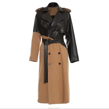 Лоскутное кожаное пальто-тренч, женская длинная куртка средней длины, выше колена, с завязками на талии, цвет хаки, подходящая по цвету модная верхняя одежда