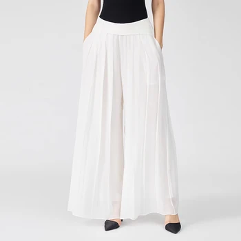 Модная асимметричная Белая брючная юбка в складку из шелка жоржет, офисные женские однотонные брюки-кюлоты, простые элегантные брюки с широкими штанинами KE597