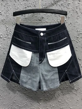 Модные летние контрастные джинсовые шорты с неправильными разрезами, женские новые прямые широкие брюки трапециевидной формы в стиле пэчворк с высокой талией