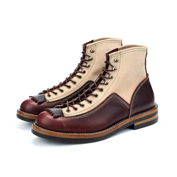 Мужские байкерские ботинки смешанного цвета С лопатой для обуви в форме веера, винтажная обувь для обслуживания