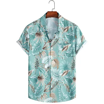 Мужские синие пальмы быстрый сухой пляж с коротким рукавом цветочный рубашка Гавайская повседневная печатных рубашку кнопку Летний топ для мужчин футболка