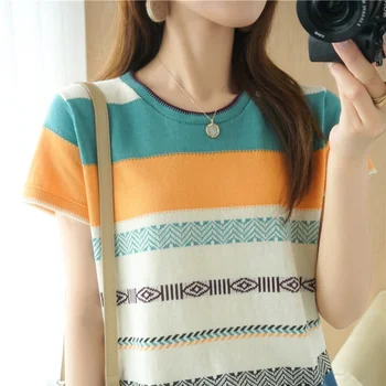 Новая женская летняя футболка с короткими рукавами и круглым вырезом из 100% хлопка, пуловер с контрастной строчкой, футболка, повседневная трикотажная нижняя рубашка
