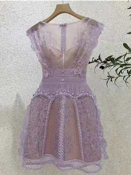 Новое модное роскошное дизайнерское подиумное фиолетовое кружевное открытое платье для женщин, винтажные Элегантные летние платья без рукавов с вышивкой