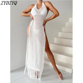Пляжная одежда ZYDZYQ для женщин, летние трикотажные накидки на пляжное сексуальное платье с разрезом и кисточками, уличная одежда для отдыха Y2k Оптом