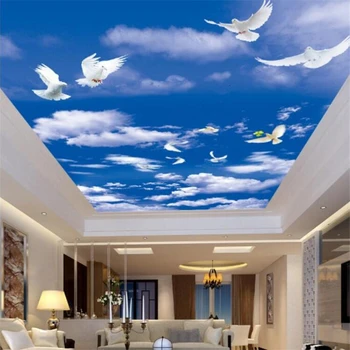 Пользовательские обои потолок гостиной 3d фреска голубое небо белый небесный голубь ресторан потолочные фрески 3d обои papel de parede