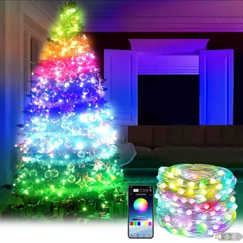 Рождественская светодиодная гирлянда, приложение Bluetooth + пульт дистанционного управления, USB-лампа, Водонепроницаемый Сказочный свет Для украшения Рождественской елки