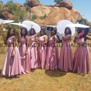 Розовые драпированные платья подружек невесты Vestido De Festa Longo С круглым вырезом и длинными свадебными платьями Дешевые платья подружек невесты