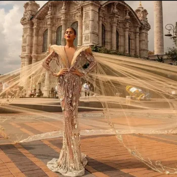 Свадебные платья цвета светлого Шампанского С рукавами из кристаллов, женские платья из тюля, Длинное платье Макси, Роскошные платья с шалью