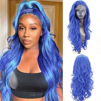 Синтетический парик AIMEYA с кружевом спереди, длинный синий парик с объемной волной, синтетические парики из термостойких волокон для чернокожих женщин, используемые ежедневно