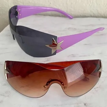Солнцезащитные очки без оправы Y2K для женщин и мужчин, негабаритные модные солнцезащитные очки с запахом, панковские цельные очки, спортивные солнцезащитные очки