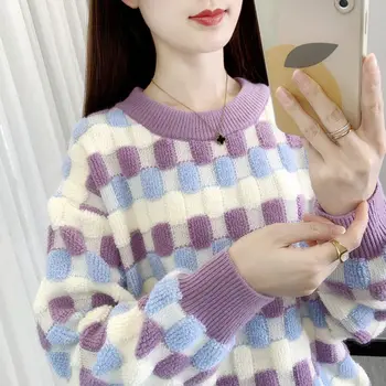 Цветной свитер с круглым вырезом, женский свободный пуловер, 2023, осенне-зимний, с длинным рукавом, универсальный базовый свитер, пуловер, женский
