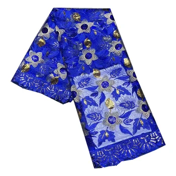 Элегантная синяя высококачественная Африканская кружевная ткань с пайетками и камнями, вышивка 5 ярдов, швейцарская вуаль, кружево с пайетками для платья M409-2
