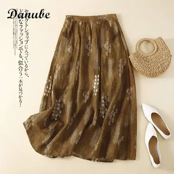 Японская винтажная хлопковая льняная юбка с цветочным принтом, женская летняя Свободная эластичная юбка с высокой талией, повседневные миди-юбки трапециевидной формы saia feminina